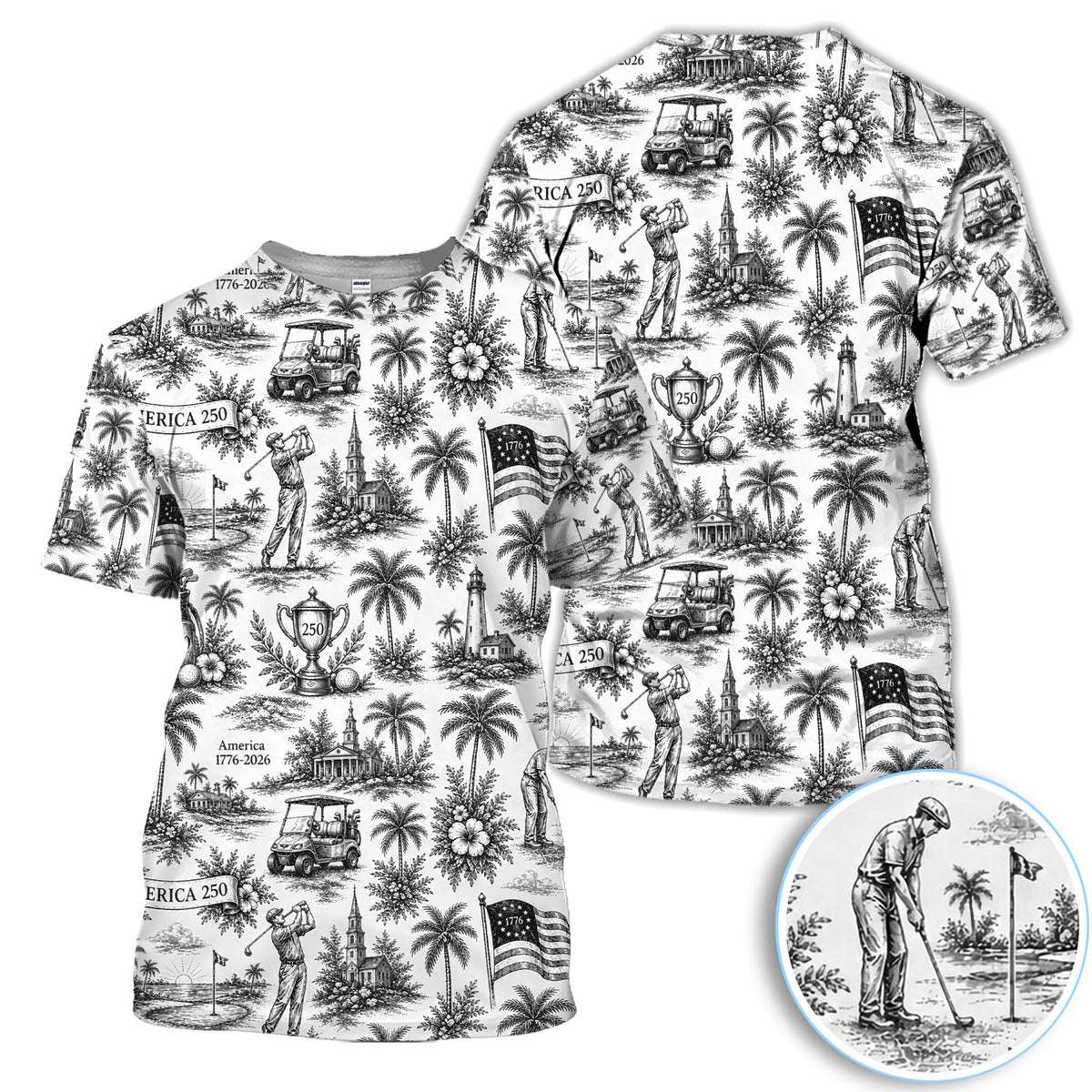 Vintage America 250 Toile Golf Pattern Shirt, America 250 Golf Shirt For Women, Patriotic Golf Gift
