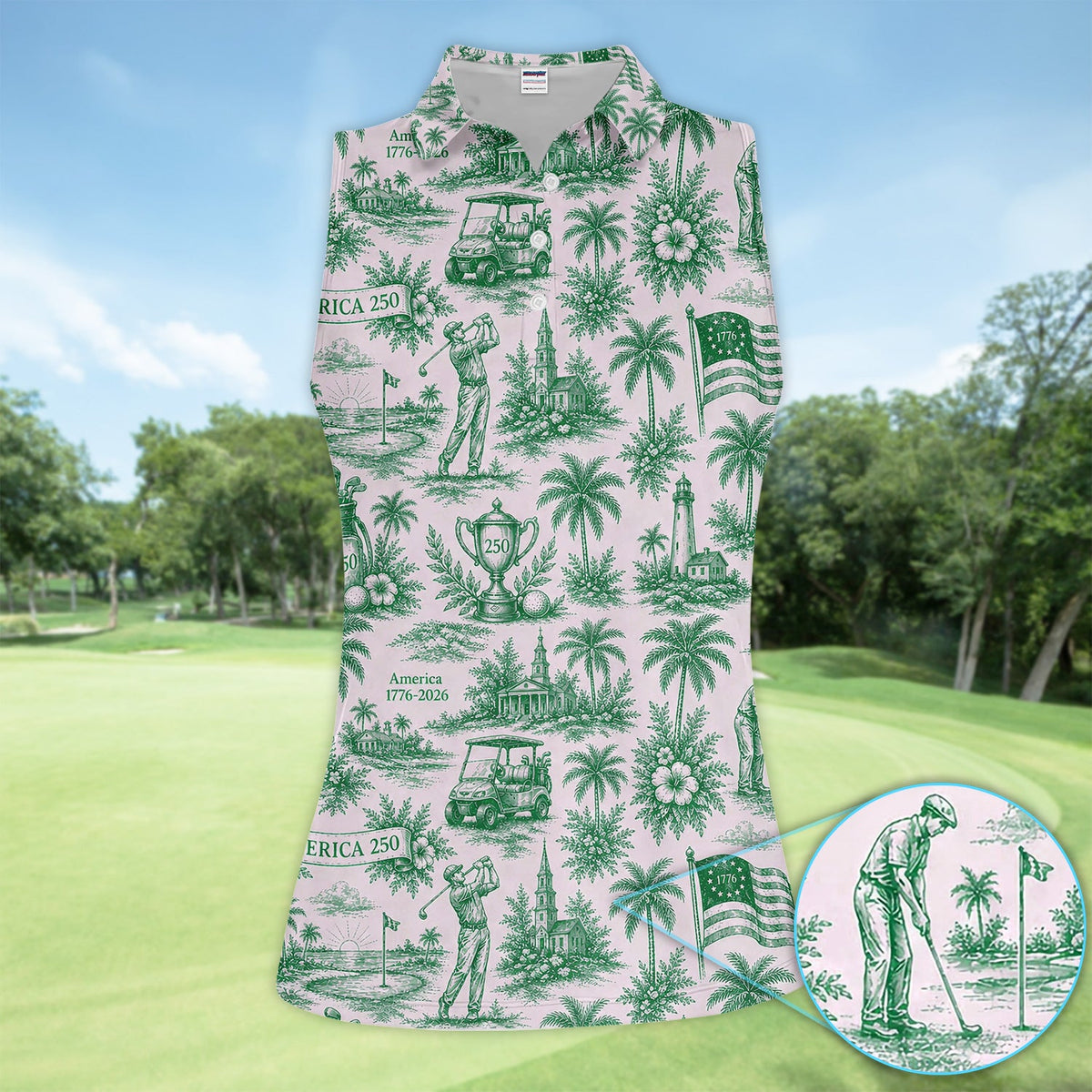 Vintage America 250 Toile Golf Pattern Shirt, America 250 Golf Shirt For Women, Patriotic Golf Gift