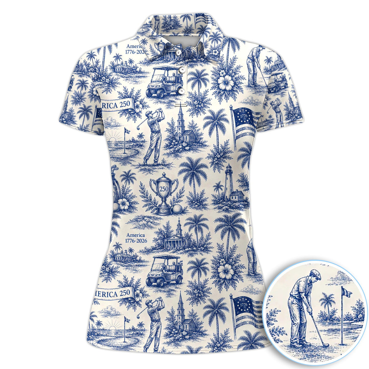 Vintage America 250 Toile Golf Pattern Shirt, America 250 Golf Shirt For Women, Patriotic Golf Gift