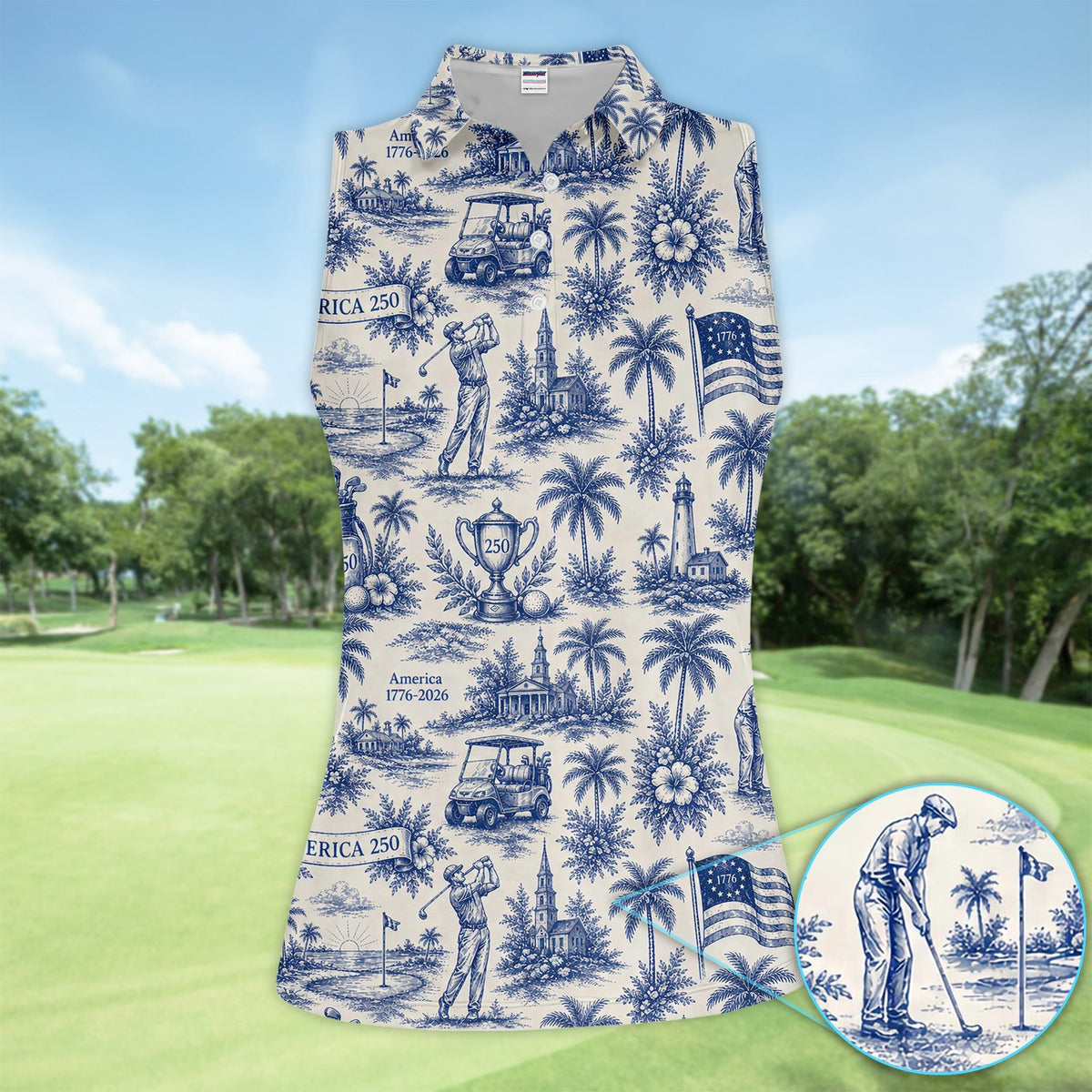 Vintage America 250 Toile Golf Pattern Shirt, America 250 Golf Shirt For Women, Patriotic Golf Gift