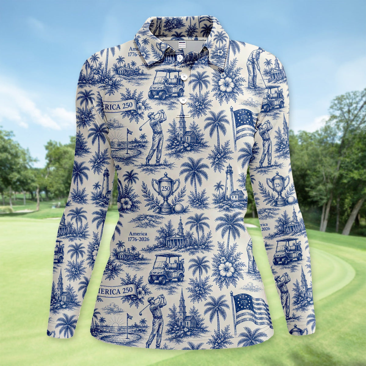 Vintage America 250 Toile Golf Pattern Shirt, America 250 Golf Shirt For Women, Patriotic Golf Gift