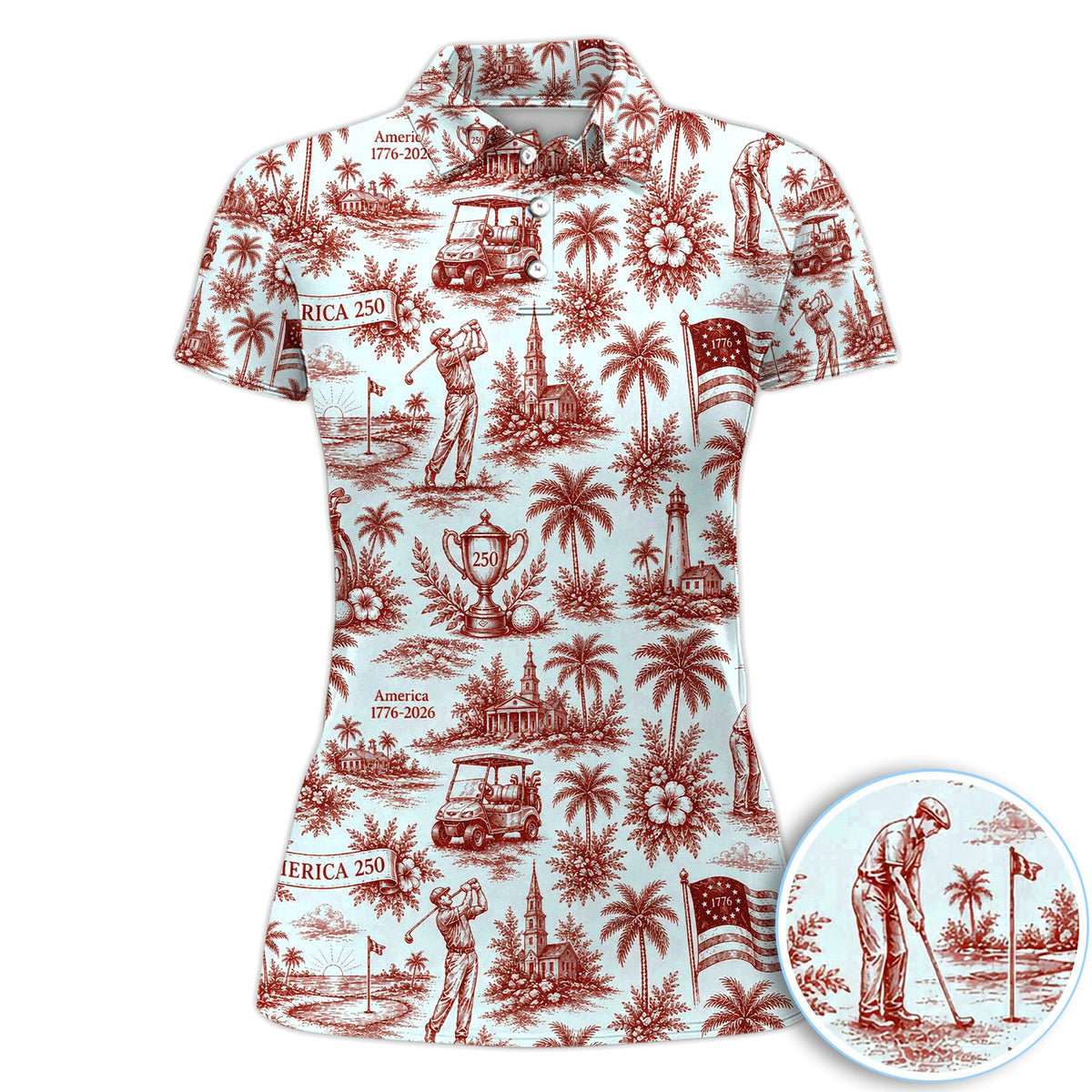 Vintage America 250 Toile Golf Pattern Shirt, America 250 Golf Shirt For Women, Patriotic Golf Gift
