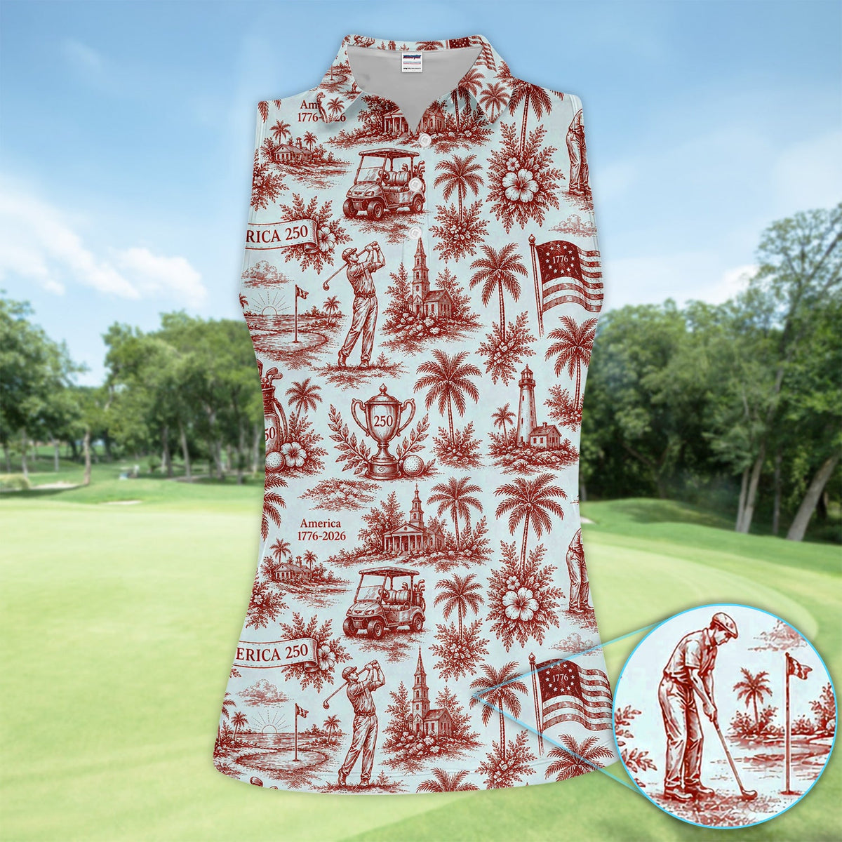 Vintage America 250 Toile Golf Pattern Shirt, America 250 Golf Shirt For Women, Patriotic Golf Gift