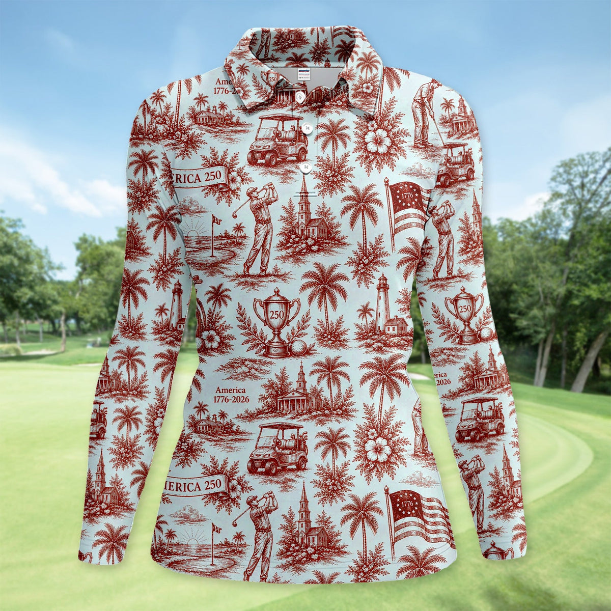 Vintage America 250 Toile Golf Pattern Shirt, America 250 Golf Shirt For Women, Patriotic Golf Gift