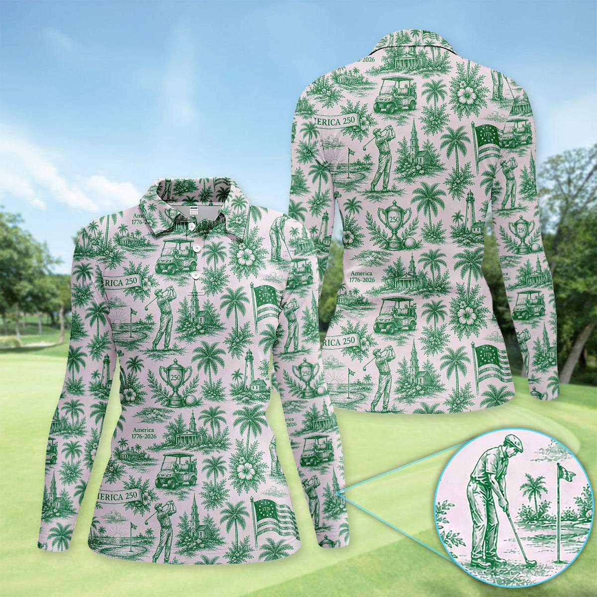 Vintage America 250 Toile Golf Pattern Shirt, America 250 Golf Shirt For Women, Patriotic Golf Gift