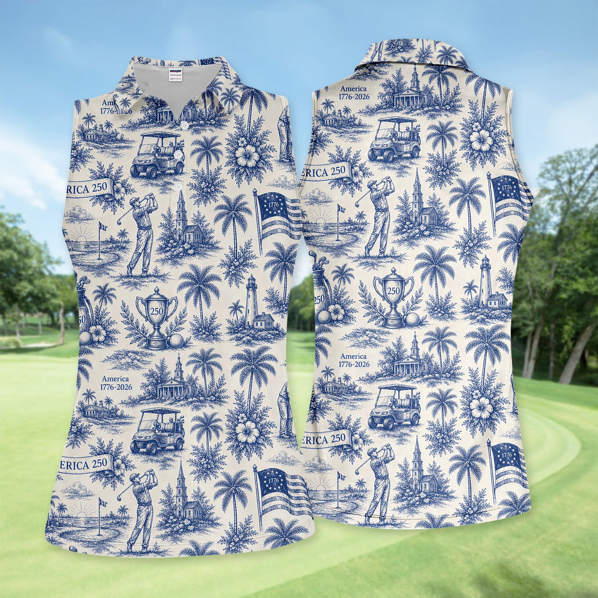 Vintage America 250 Toile Golf Pattern Shirt, America 250 Golf Shirt For Women, Patriotic Golf Gift