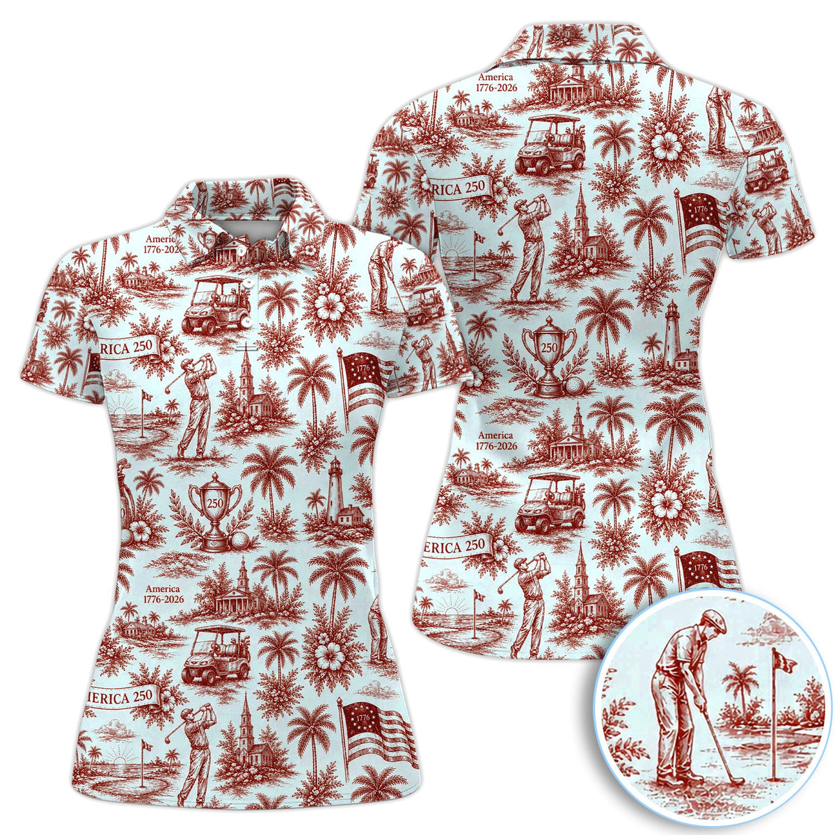 Vintage America 250 Toile Golf Pattern Shirt, America 250 Golf Shirt For Women, Patriotic Golf Gift