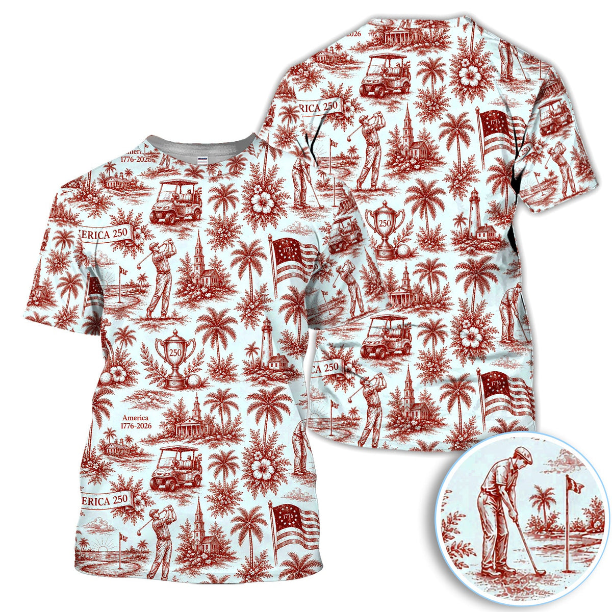 Vintage America 250 Toile Golf Pattern Shirt, America 250 Golf Shirt For Women, Patriotic Golf Gift