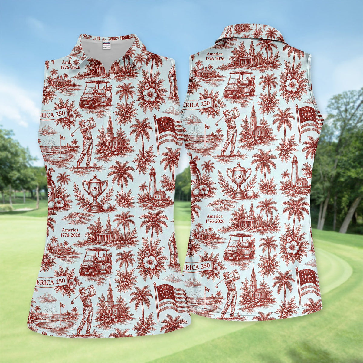 Vintage America 250 Toile Golf Pattern Shirt, America 250 Golf Shirt For Women, Patriotic Golf Gift