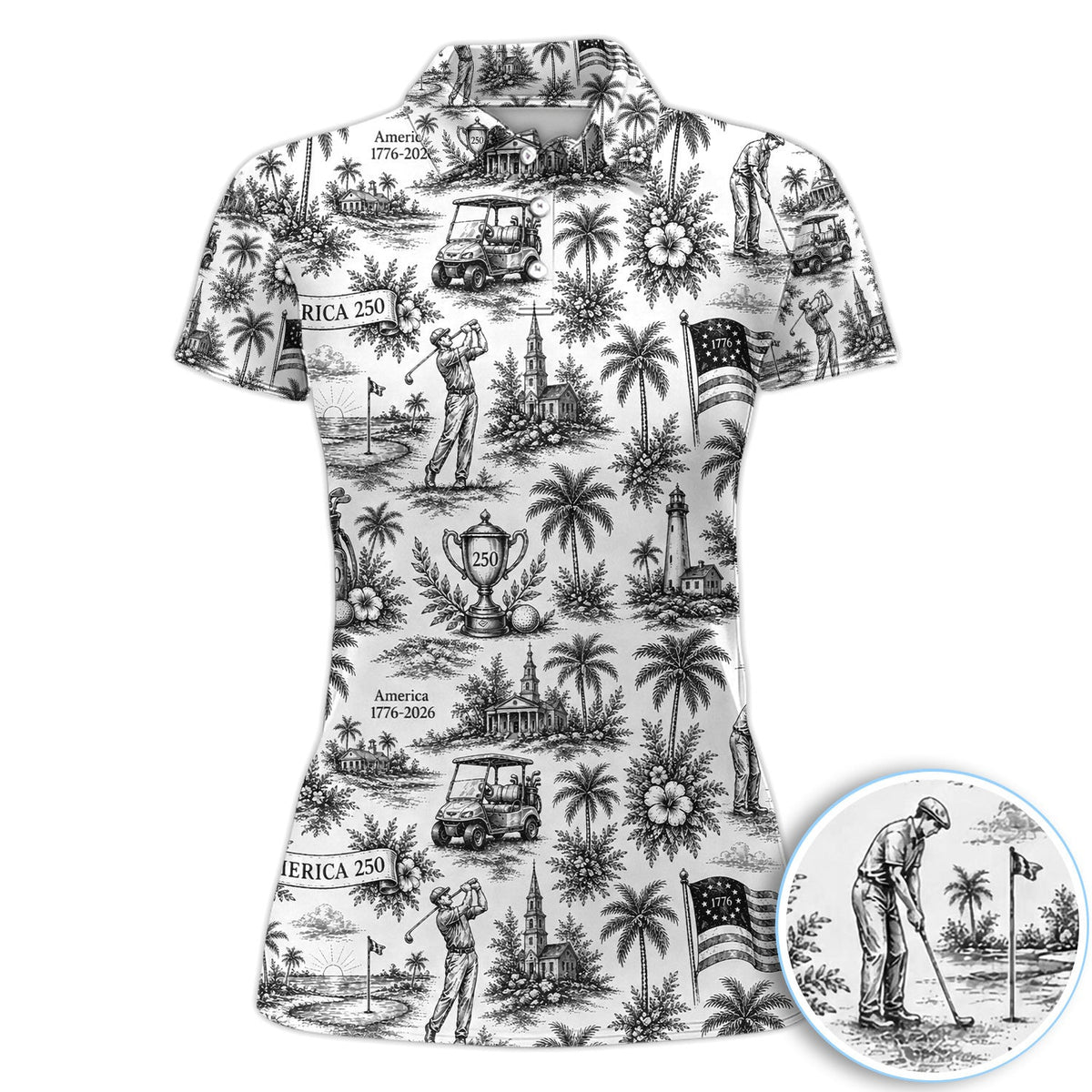 Vintage America 250 Toile Golf Pattern Shirt, America 250 Golf Shirt For Women, Patriotic Golf Gift