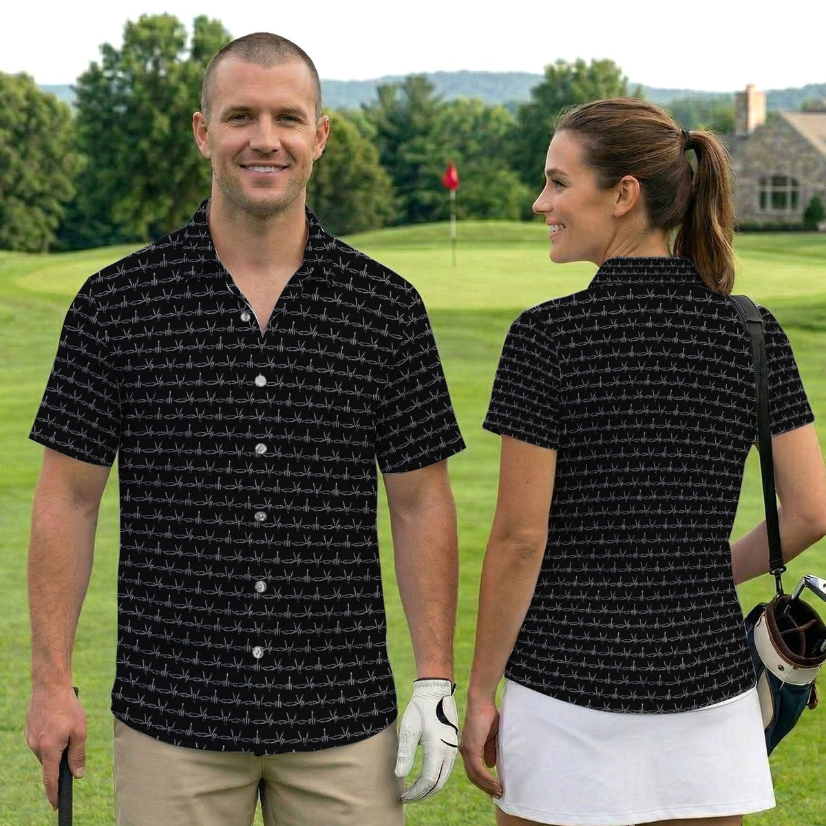 Dark Barbed Wire Golf Pattern Shirt, Gothic Western Golf Shirt For Men, Golf Lover Gift