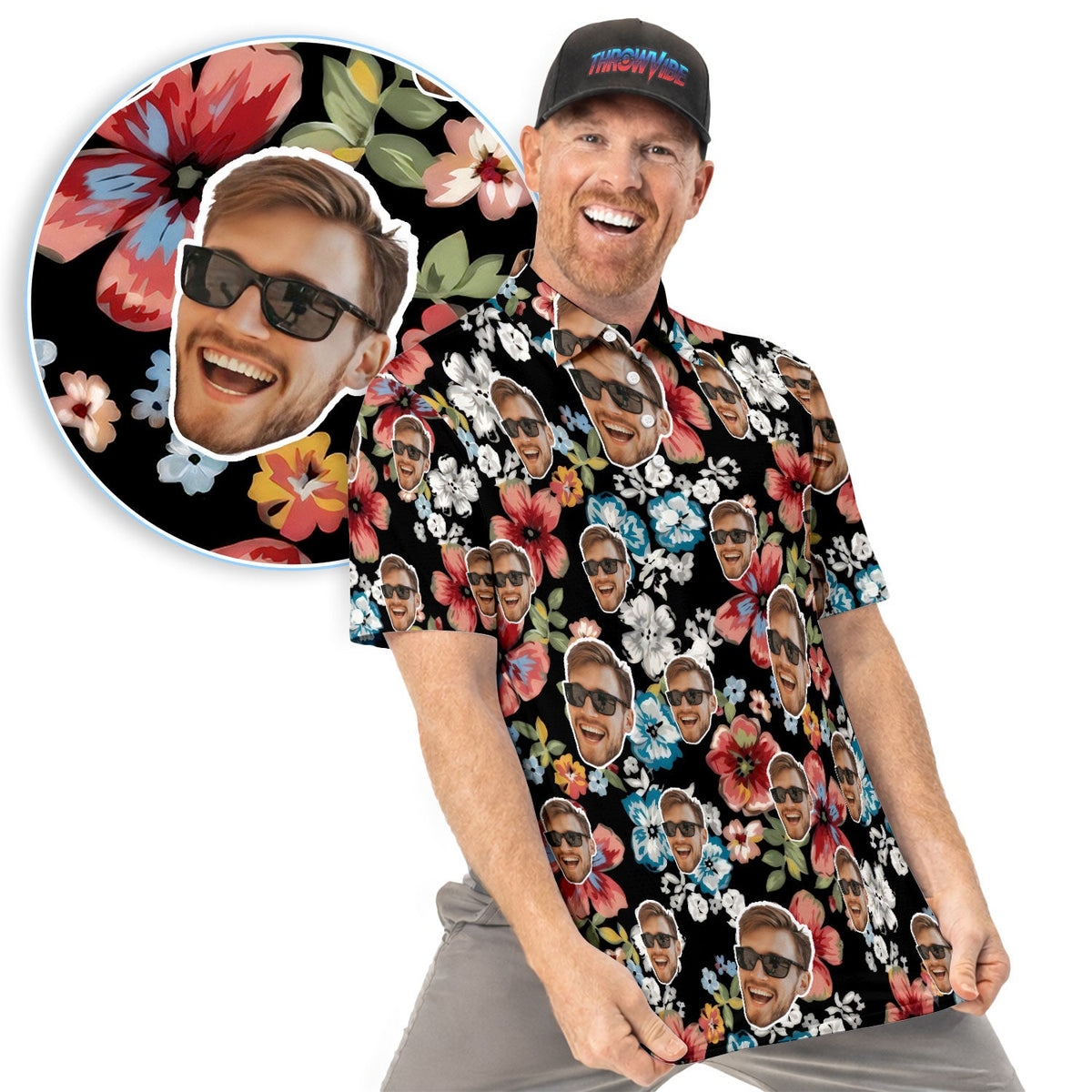 Custom Face Floral Golf Pattern Shirt, Photo Tropical Golf Polos For Men, Gift For Husband
