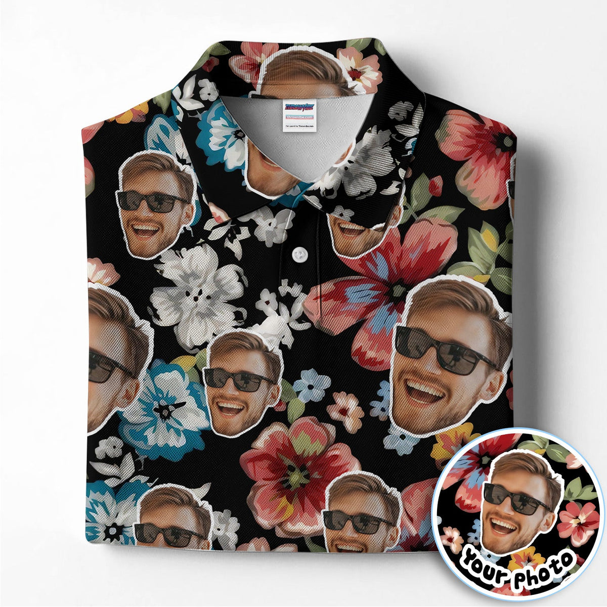 Custom Face Floral Golf Pattern Shirt, Photo Tropical Golf Polos For Men, Gift For Husband