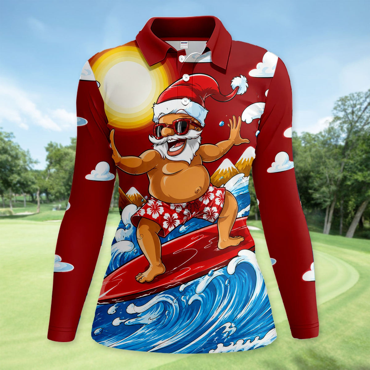Funny Santa Surfing Pattern Shirt, Surfing Santa Hawaiian Shirt For Women, Christmas Beach Gift
