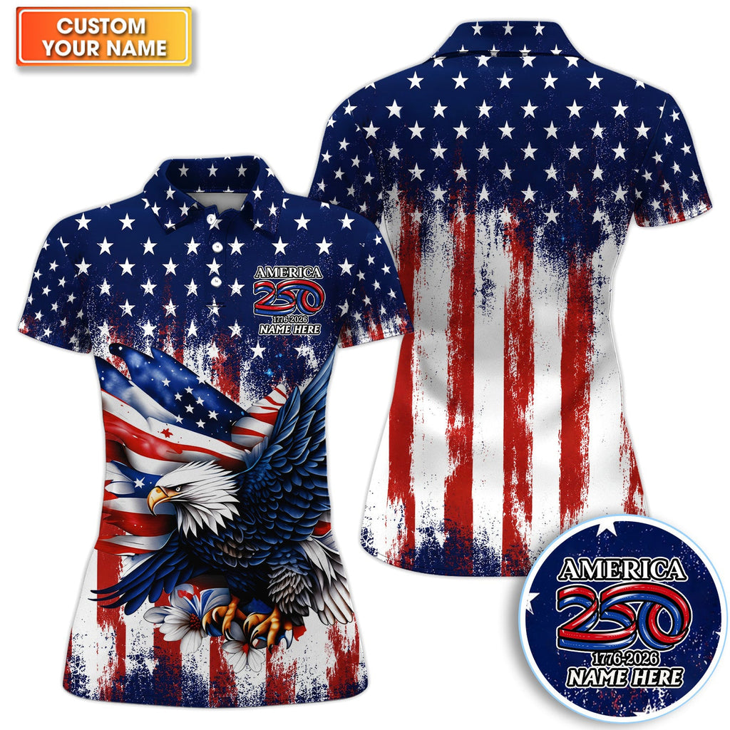 Personalized Patriotic Eagle Golf Pattern Shirt, America 250 Eagle Golf Shirt For Women, 4th Of July Gift
