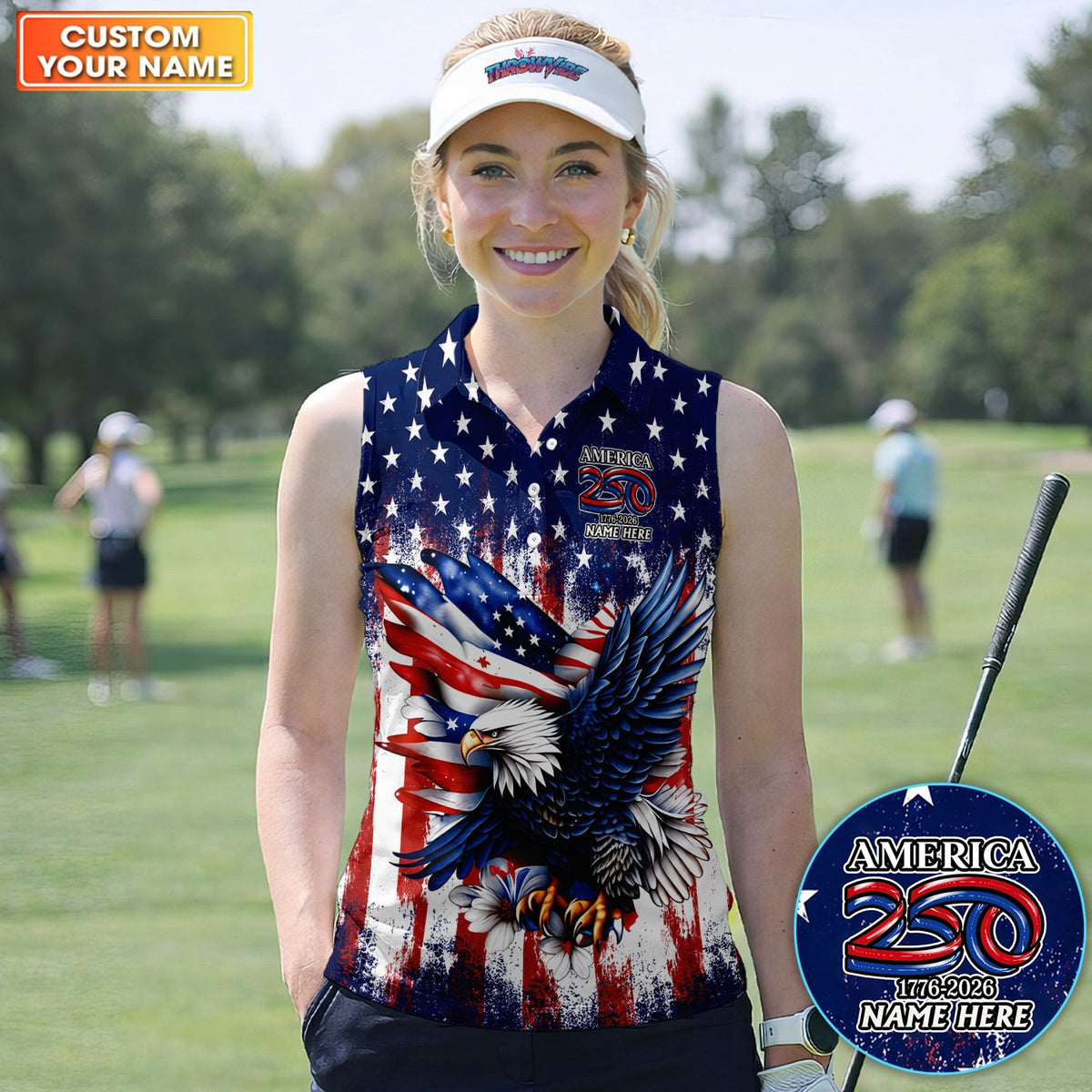 Personalized Patriotic Eagle Golf Pattern Shirt, America 250 Eagle Golf Shirt For Women, 4th Of July Gift
