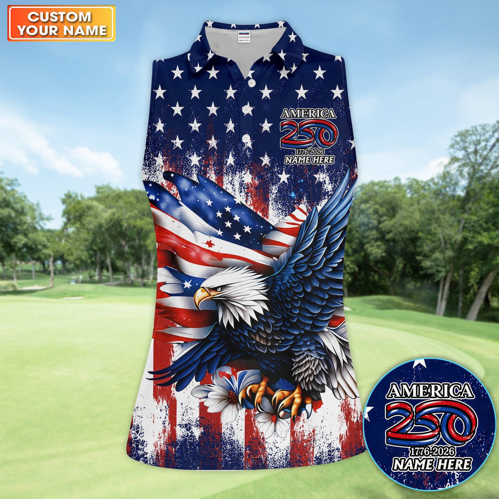 Personalized Patriotic Eagle Golf Pattern Shirt, America 250 Eagle Golf Shirt For Women, 4th Of July Gift