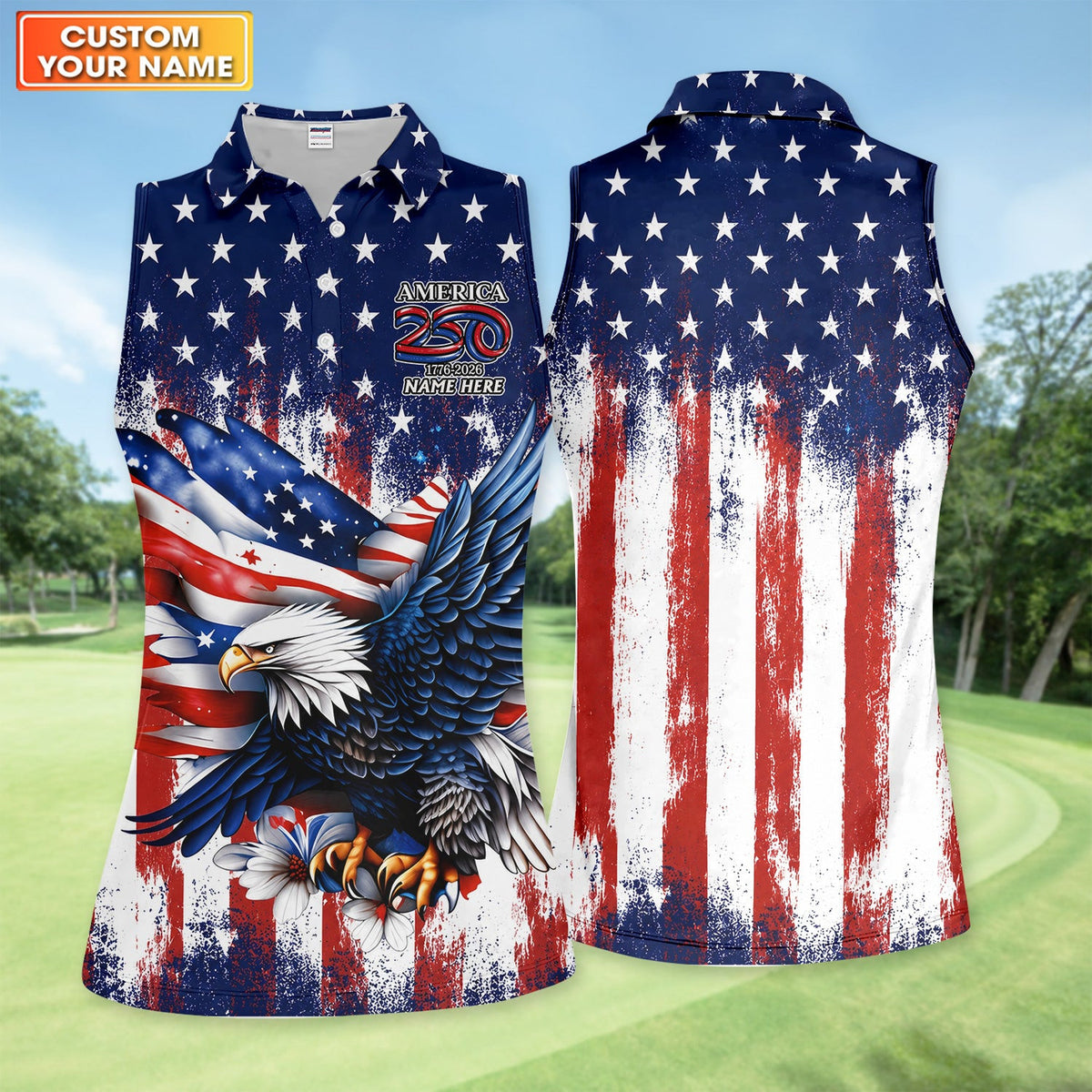 Personalized Patriotic Eagle Golf Pattern Shirt, America 250 Eagle Golf Shirt For Women, 4th Of July Gift