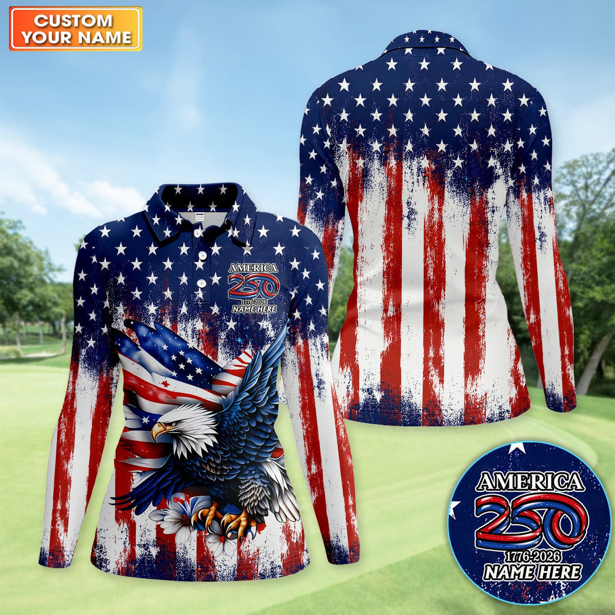 Personalized Patriotic Eagle Golf Pattern Shirt, America 250 Eagle Golf Shirt For Women, 4th Of July Gift