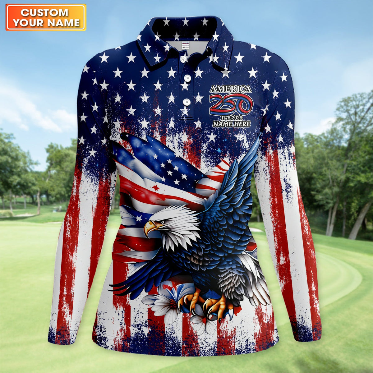 Personalized Patriotic Eagle Golf Pattern Shirt, America 250 Eagle Golf Shirt For Women, 4th Of July Gift