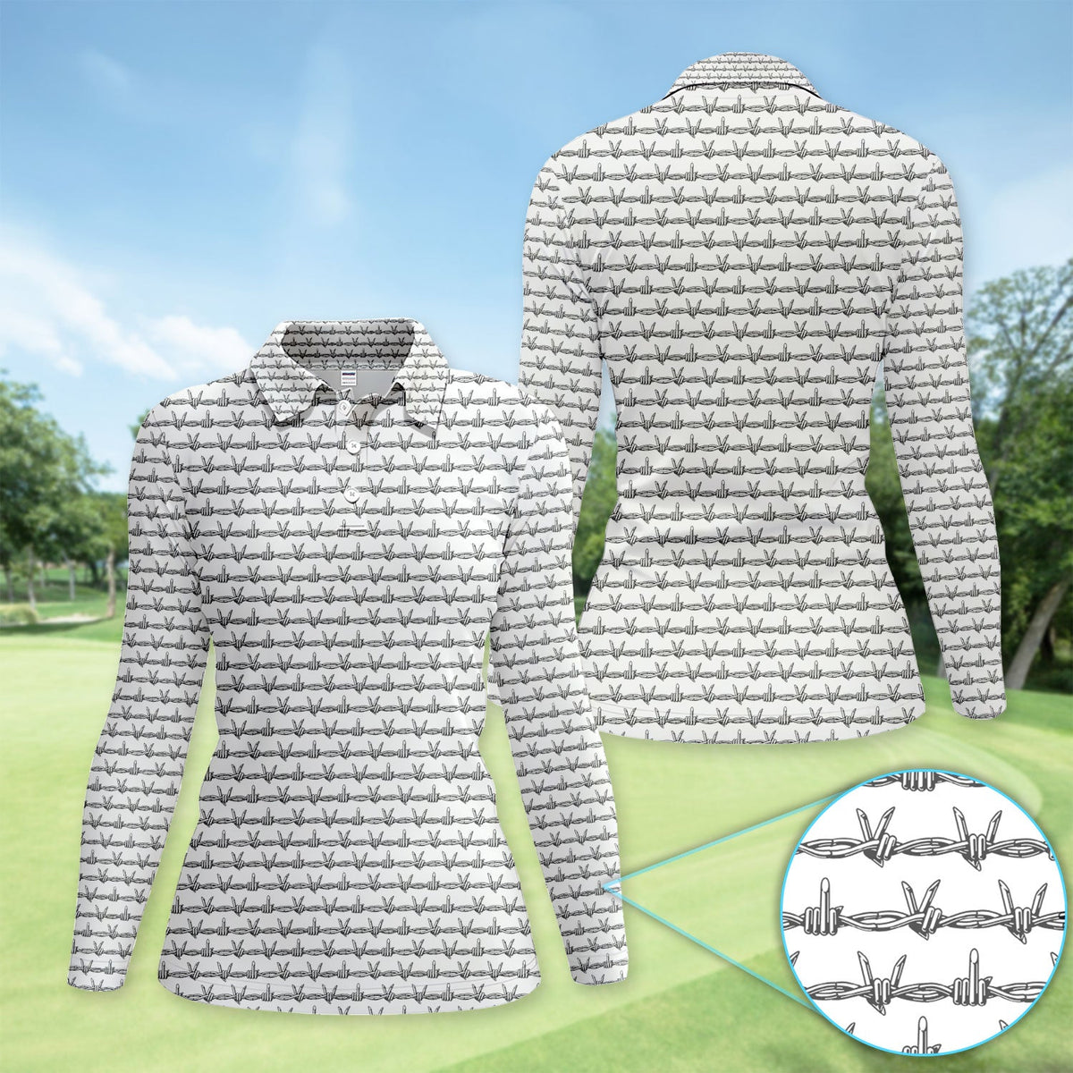 Dark Barbed Wire Golf Pattern Shirt, Gothic Western Golf Shirt For Women, Golf Lover Gift