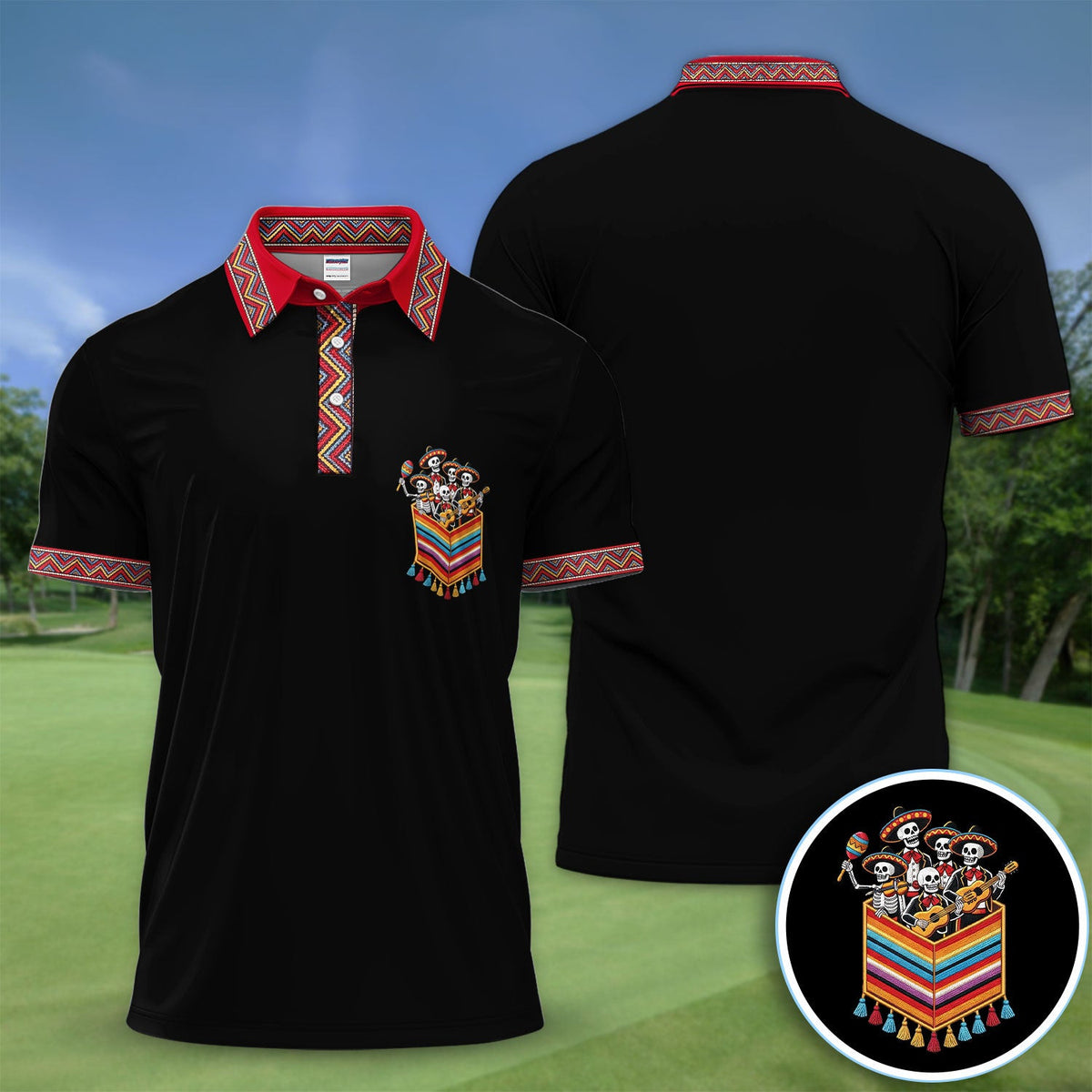 Funny Mariachi Skeleton Golf Pattern Shirt, Cinco De Mayo Golf Shirt For Men, Fiesta Gift
