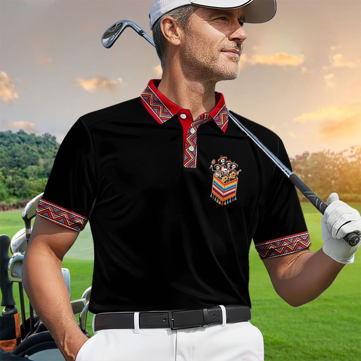Funny Mariachi Skeleton Golf Pattern Shirt, Cinco De Mayo Golf Shirt For Men, Fiesta Gift