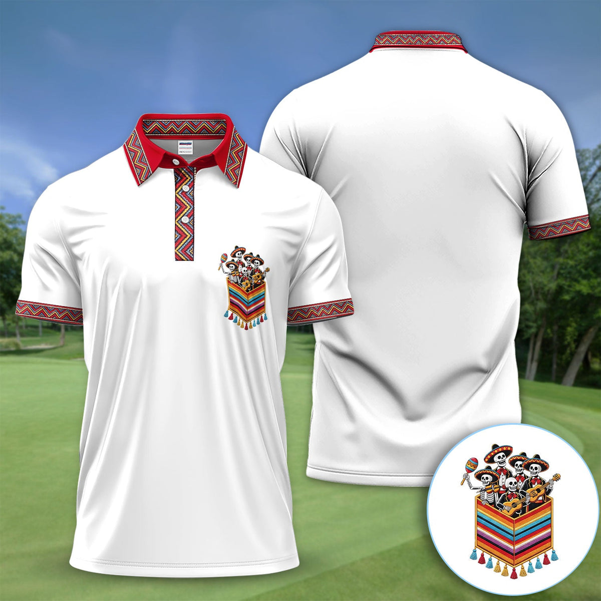 Funny Mariachi Skeleton Golf Pattern Shirt, Cinco De Mayo Golf Shirt For Men, Fiesta Gift