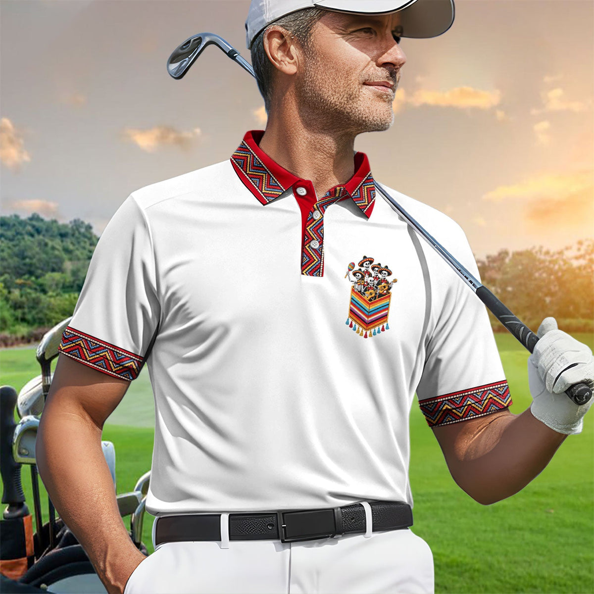 Funny Mariachi Skeleton Golf Pattern Shirt, Cinco De Mayo Golf Shirt For Men, Fiesta Gift