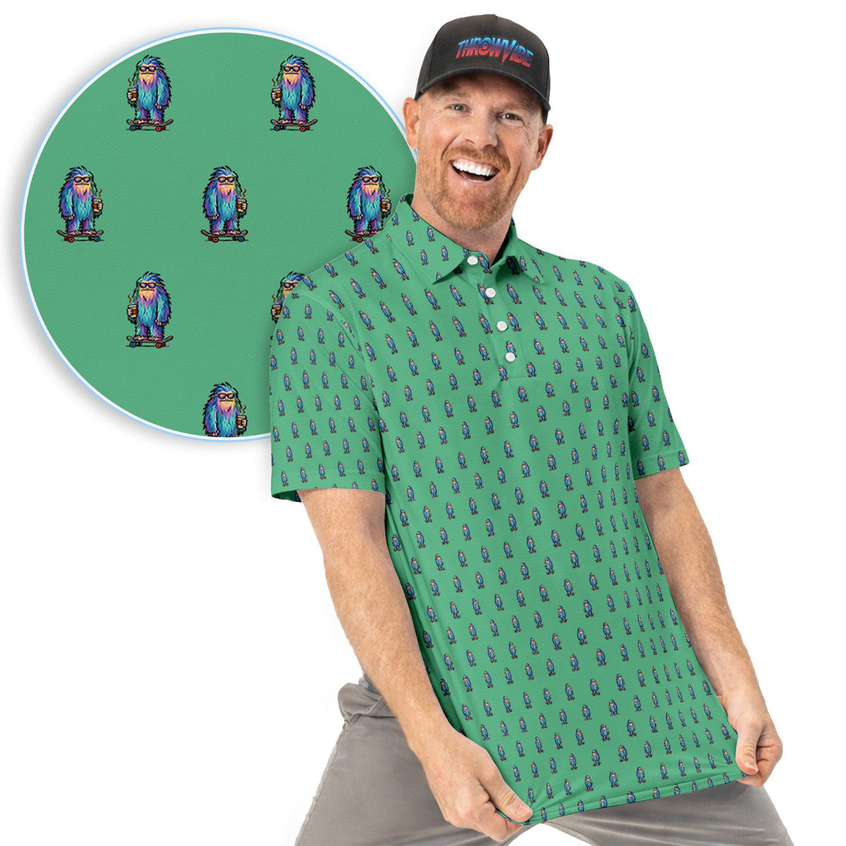 Funny Yeti Pattern Golf Polos, Bigfoot Coffee Skateboard Golf Shirt, Crazy Golf Shirts For Men