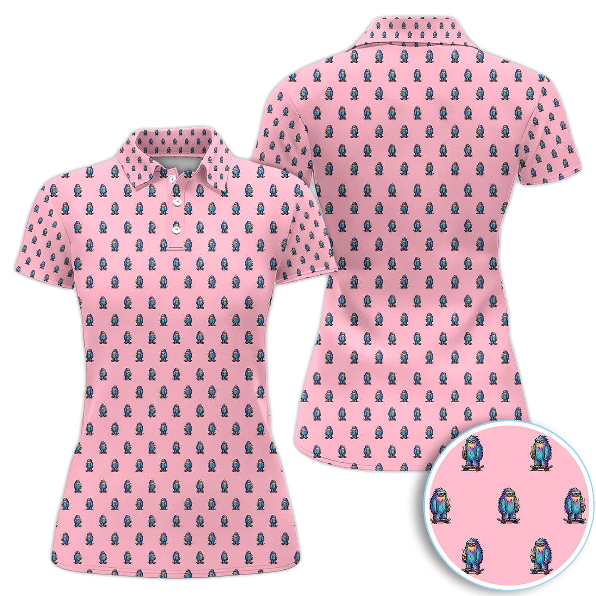 Funny Yeti Pattern Golf Polos, Bigfoot Coffee Skateboard Golf Shirt, Crazy Golf Shirts For Men