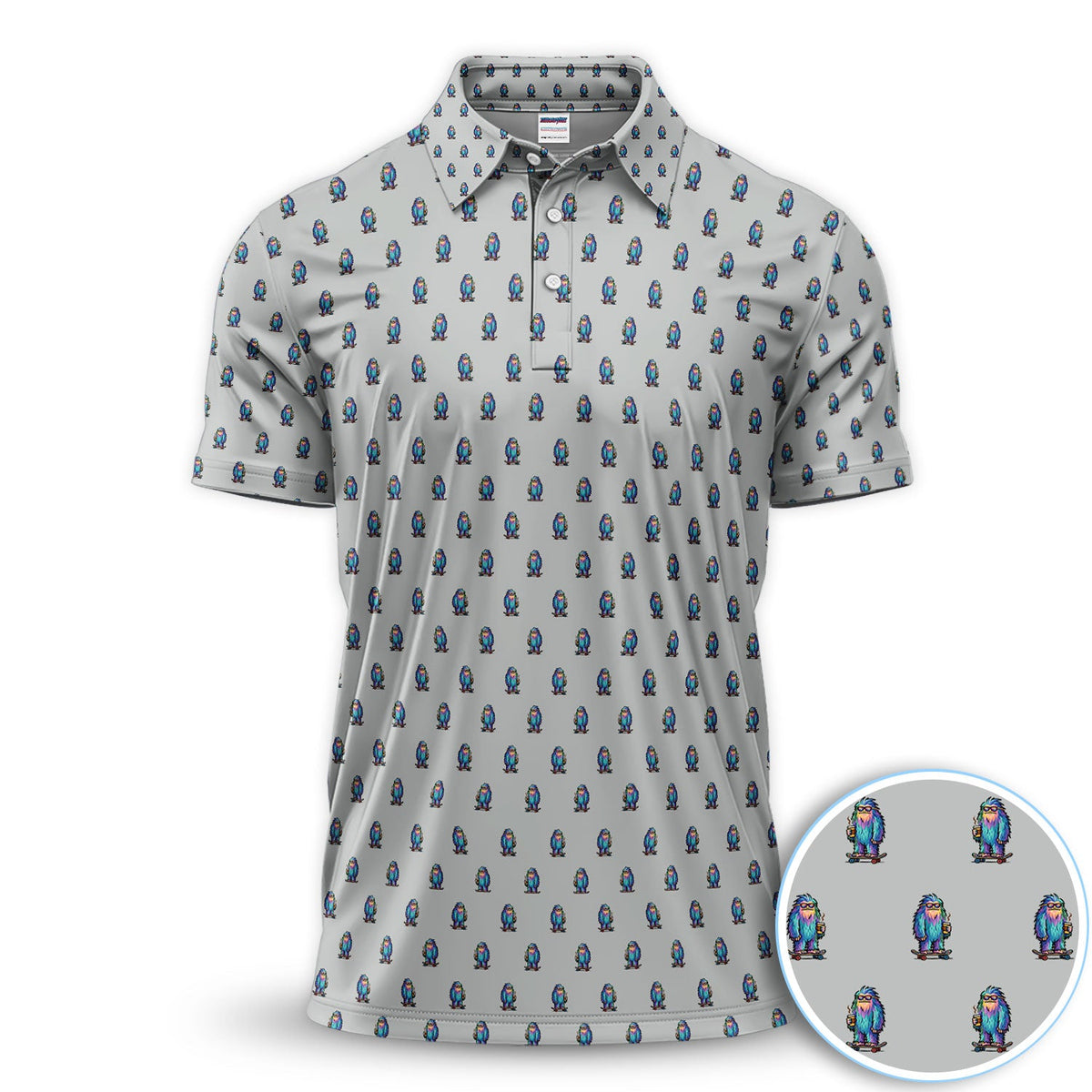Funny Yeti Pattern Golf Polos, Bigfoot Coffee Skateboard Golf Shirt, Crazy Golf Shirts For Men