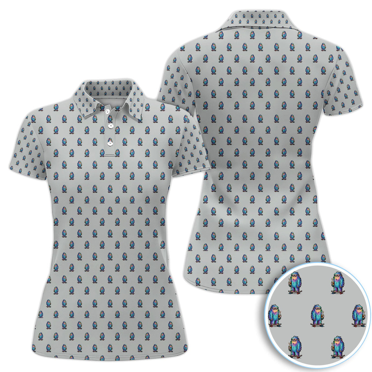 Funny Yeti Pattern Golf Polos, Bigfoot Coffee Skateboard Golf Shirt, Crazy Golf Shirts For Men