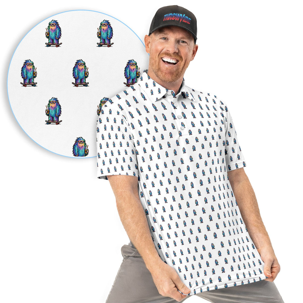 Funny Yeti Pattern Golf Polos, Bigfoot Coffee Skateboard Golf Shirt, Crazy Golf Shirts For Men