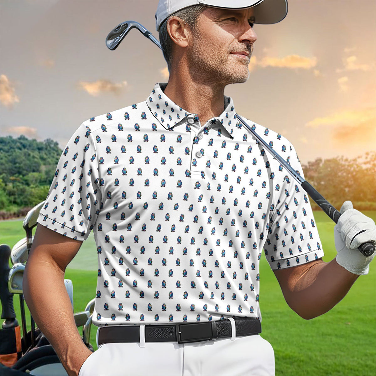 Funny Yeti Pattern Golf Polos, Bigfoot Coffee Skateboard Golf Shirt, Crazy Golf Shirts For Men