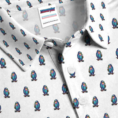 Funny Yeti Pattern Golf Polos, Bigfoot Coffee Skateboard Golf Shirt, Crazy Golf Shirts For Men