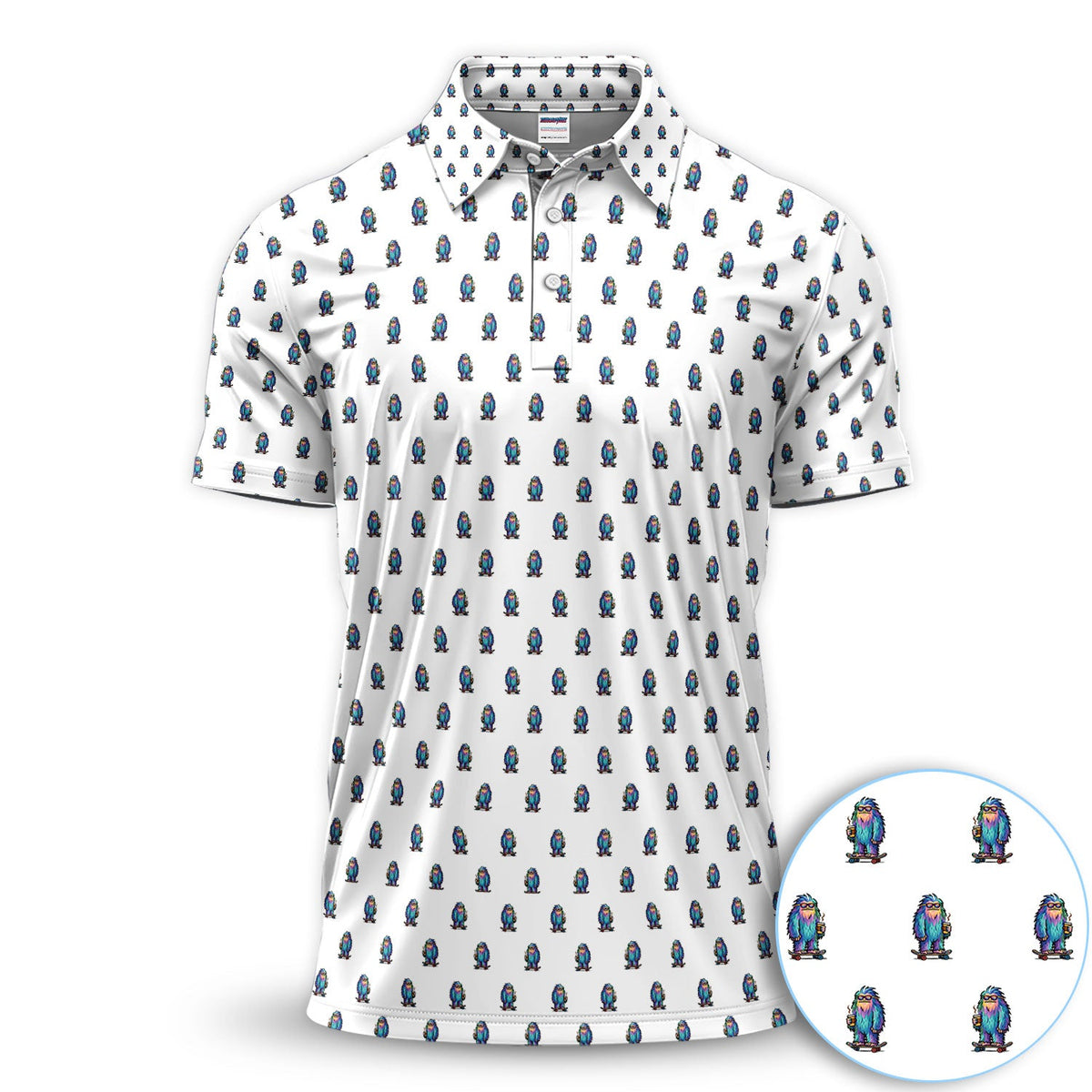Funny Yeti Pattern Golf Polos, Bigfoot Coffee Skateboard Golf Shirt, Crazy Golf Shirts For Men