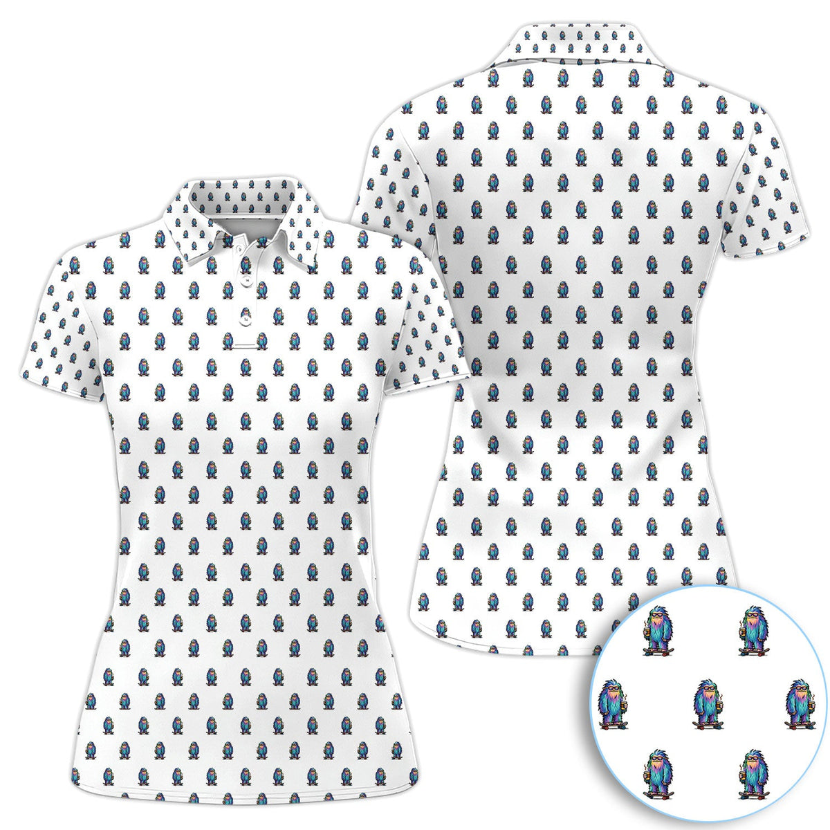 Funny Yeti Pattern Golf Polos, Bigfoot Coffee Skateboard Golf Shirt, Crazy Golf Shirts For Men