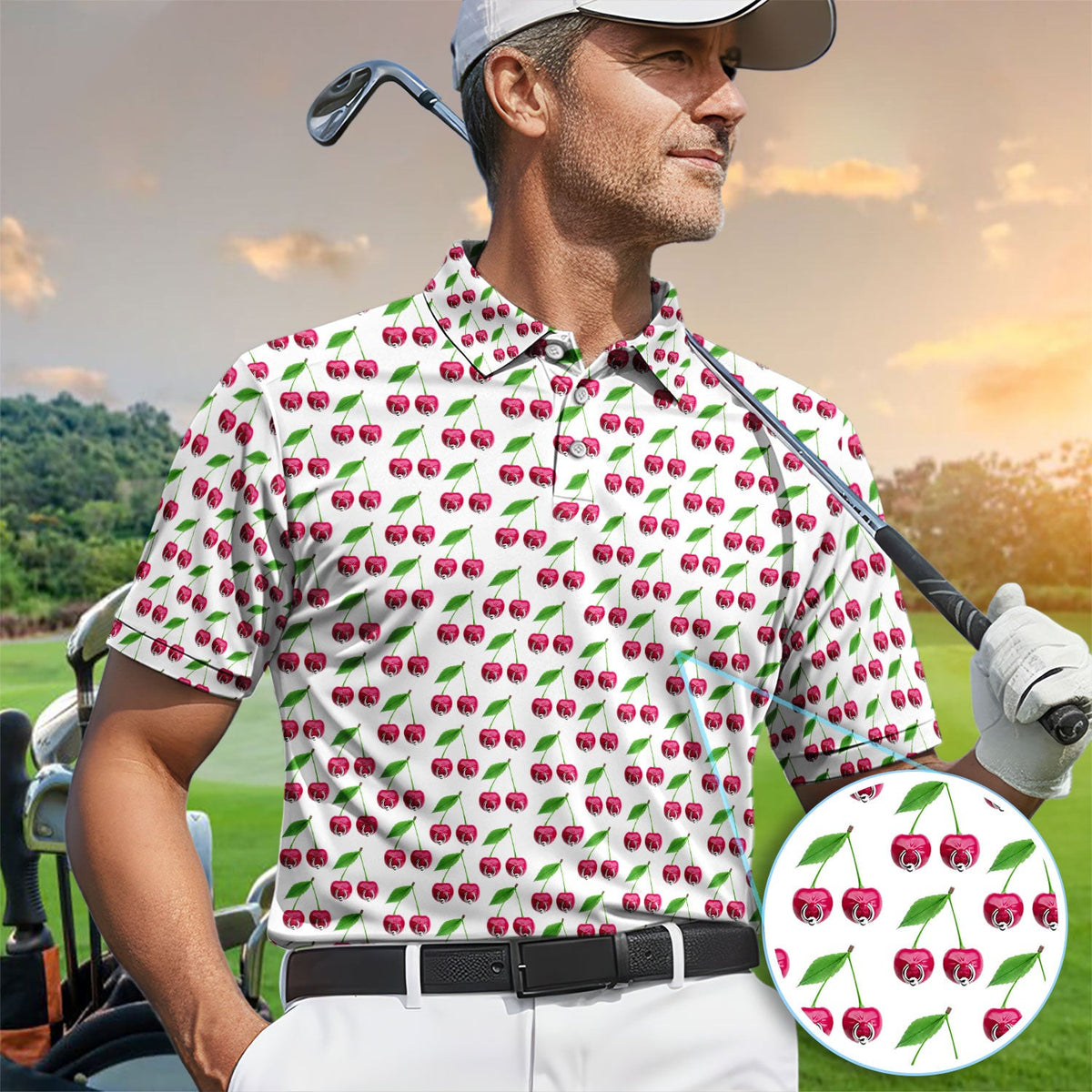 Cute Cherry Golf Pattern Shirt, Sweet Cherry Aesthetic Golf Shirt For Men, Fruit Lover Gift