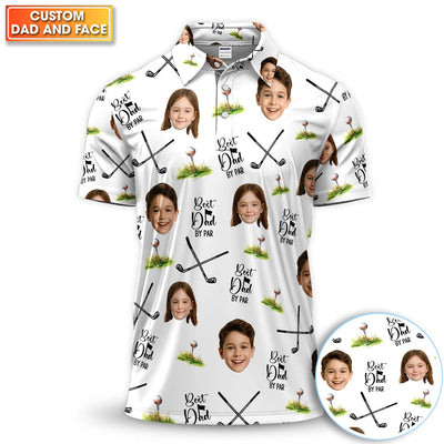 Custom Kid Face Pattern Golf Polos, Best Dad By Par Golf Shirt, Personalized Golf Shirts For Men