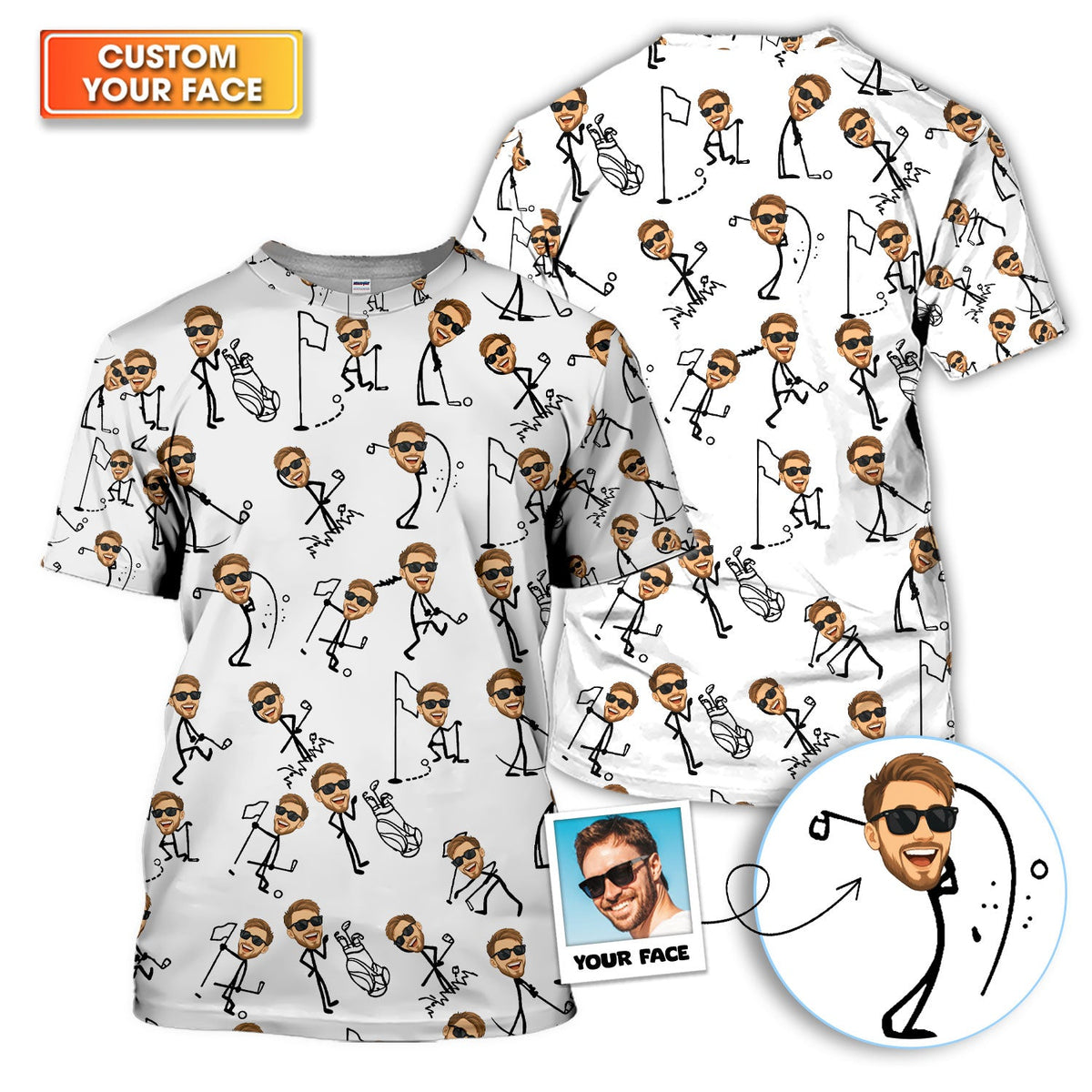 Personalized Funny Face Golf Pattern Shirt, Custom Face Golf Shirt For Men, Men's Golf Gift
