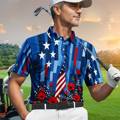 Bold American Flag Poppy Flower 4th July Pattern Shirt For Men, Patriotic Floral USA Flag Shirt For Men, Memorial Day Gift