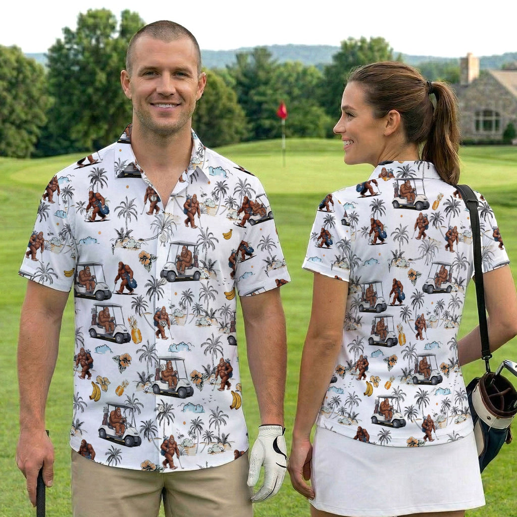 Funny Bigfoot Golf Pattern Shirt, Sasquatch Hawaiian Golf Polo For Men, Golfer Gift