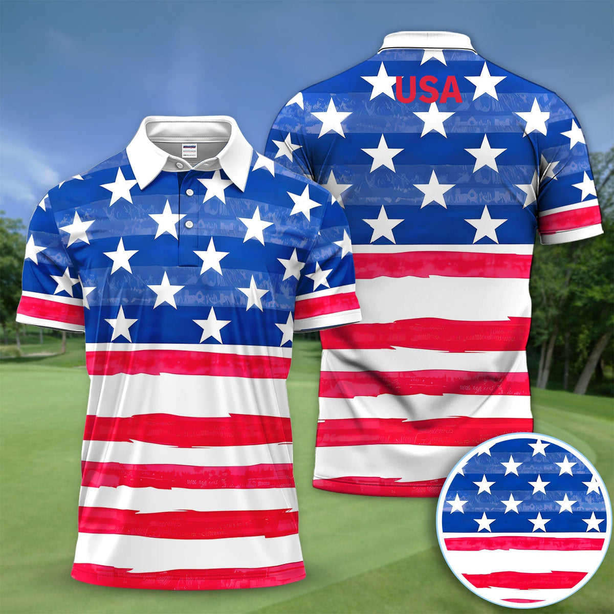 American Flag Pattern Golf Polos, Patriotic USA Golf Shirt, July 4th Golf Shirts For Men