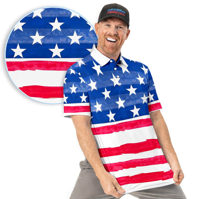 American Flag Pattern Golf Polos, Patriotic USA Golf Shirt, July 4th Golf Shirts For Men