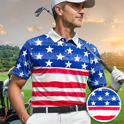 American Flag Pattern Golf Polos, Patriotic USA Golf Shirt, July 4th Golf Shirts For Men