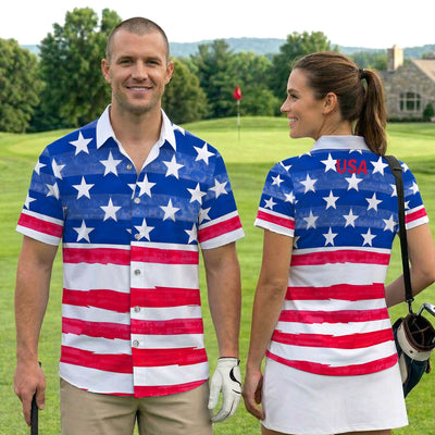 American Flag Pattern Golf Polos, Patriotic USA Golf Shirt, July 4th Golf Shirts For Men