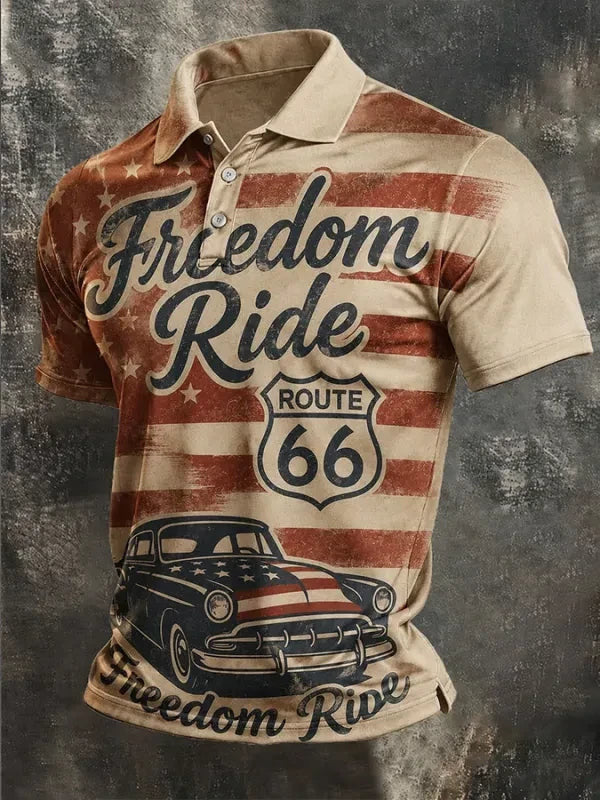 Men'S Retro Route 66g Print Casual Polo Shirt 4