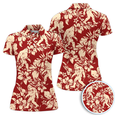 Red Bigfoot Hawaiian Polo Shirt For Men, Sasquatch Floral Aloha All Over Print, Tropical Casual Summer Golf Shirt