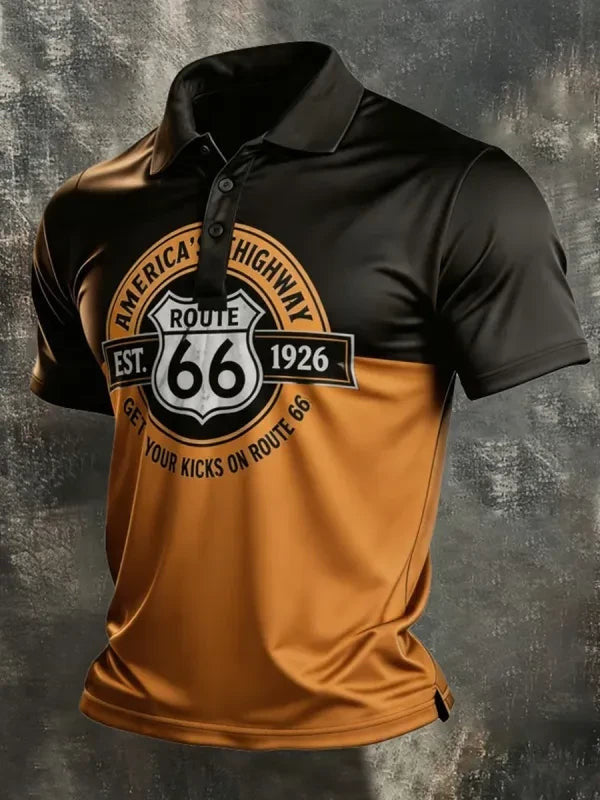 Men'S Casual US Route 66 100Th Anniversary Printed Round Neck Polo Shirt 3